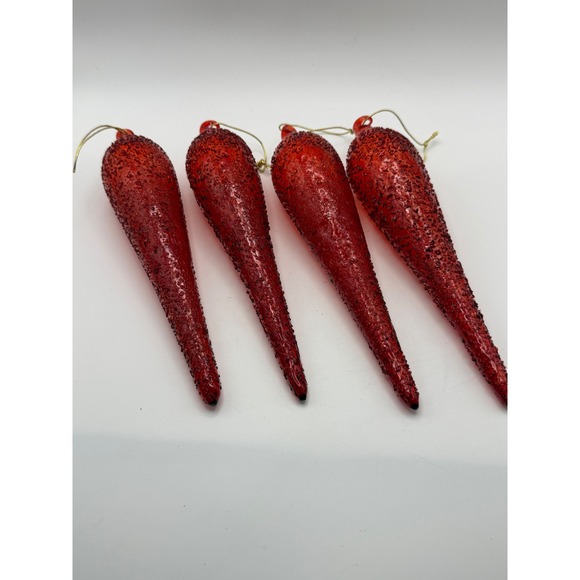 Unbranded Other - Ruby Red Snow Crusted Glass Icicle Christmas Ornament 8" Roger's Garden Set of 4